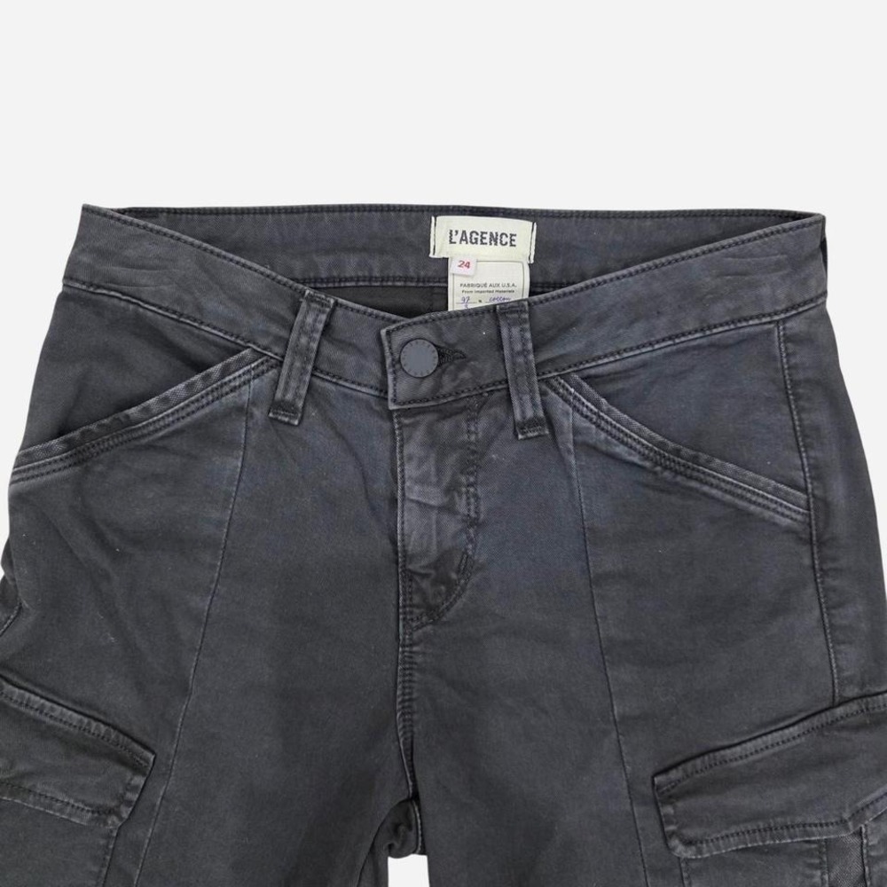 L'AGENCE Women Washed Black Cargo Skinny Moto Pants Ankle Zip Size 24